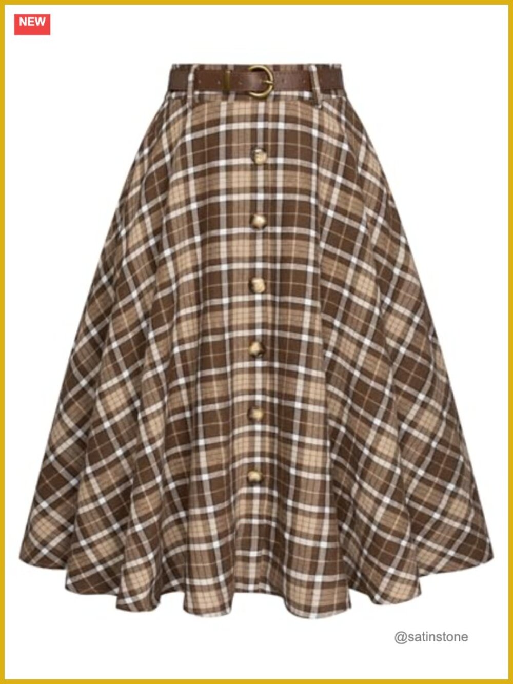 Plaid A-Line Midi Skirt with Pockets & Belt Vintage Pleated Flared